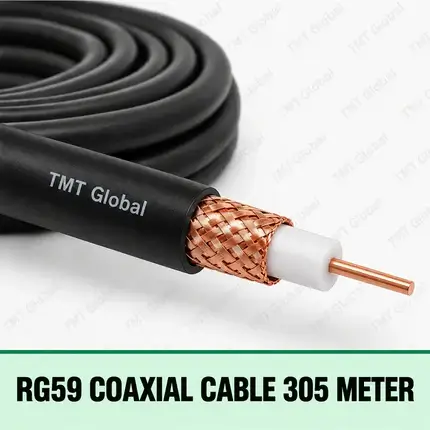 TMT Global RG59 Coaxial Cable 305 Meter, single black 75-ohm RG59 coaxial cable, one centered copper conductor, white dielectric and braided copper shield, no additional cores.