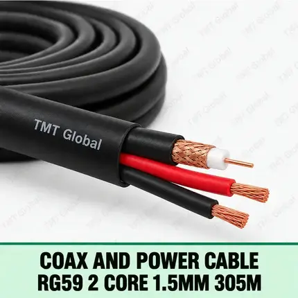 TMT Global Coax and Power Cable RG59 2 Core 1.5mm 305m, round black CCTV composite with one RG59 coax (center copper conductor, white dielectric and copper-braid shield) plus exactly two thick 1.5 mm² red/black power cores, three tips total.