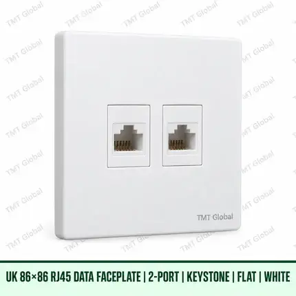 UK 86 by 86 millimetre two-port flat RJ45 keystone faceplate in white, TMT Global