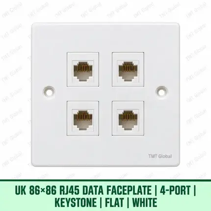 UK 86 by 86 millimetre four-port flat RJ45 keystone faceplate in white, TMT Global
