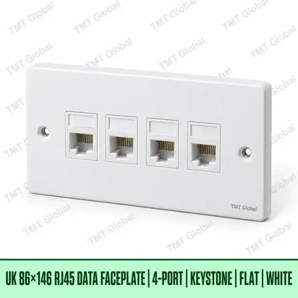 UK 86 by 146 millimetre four-port flat RJ45 keystone faceplate in white, TMT Global