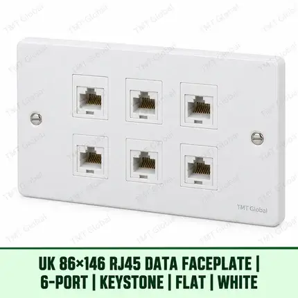 UK 86 by 146 millimetre six-port flat RJ45 keystone faceplate in white, TMT Global