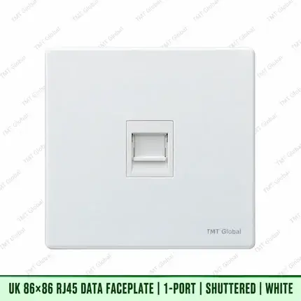 UK 86 by 86 millimetre one-port shuttered RJ45 data faceplate in white, TMT Global