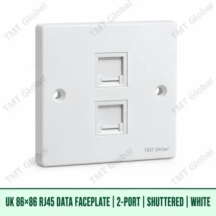 UK 86 by 86 millimetre two-port shuttered RJ45 data faceplate in white, TMT Global