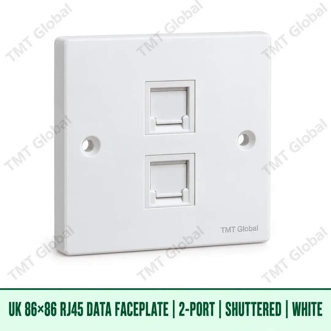 UK 86 by 86 millimetre two-port shuttered RJ45 data faceplate in white, TMT Global UK 86 by 86 millimetre two-port shuttered RJ45 data faceplate in white, TMT Global