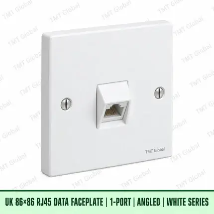 UK 86 by 86 millimetre one-port angled RJ45 data faceplate in white, TMT Global