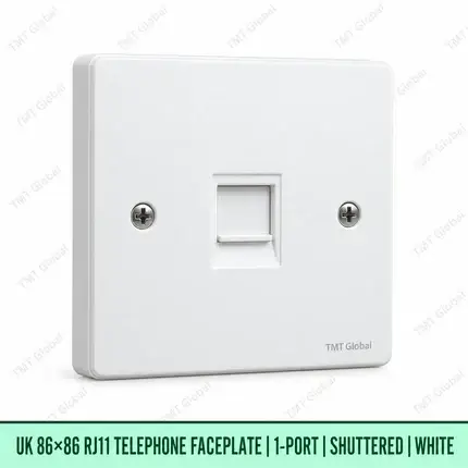 UK 86 by 86 millimetre one-port shuttered RJ11 telephone faceplate in white, TMT Global