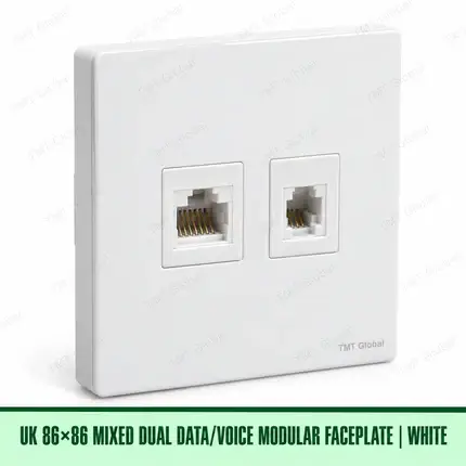 UK 86 by 86 millimetre dual data and voice modular faceplate in white, TMT Global