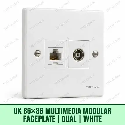 UK 86 by 86 millimetre dual RJ45 and TV-RF multimedia faceplate in white, TMT Global