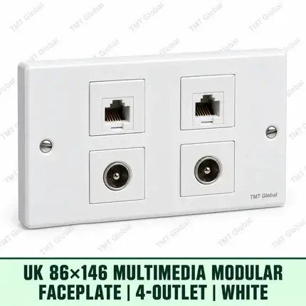 UK 86 by 146 millimetre four-outlet multimedia modular faceplate in white, TMT Global