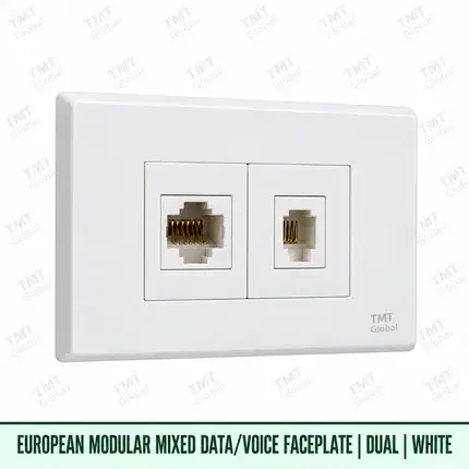European modular dual RJ45 and RJ11 data voice faceplate in white, TMT Global
