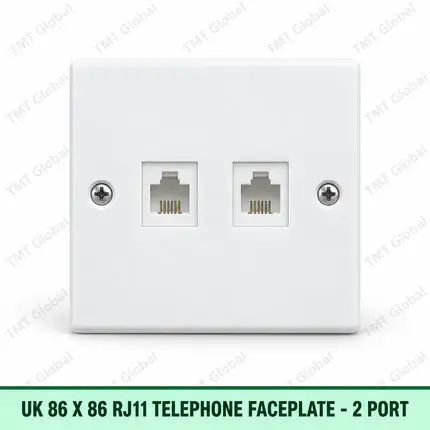 UK 86×86 RJ11 Telephone Faceplate | 2-Port | Flat | White by TMT Global