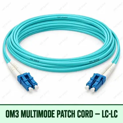 OM3 multimode LC-LC fibre patch cord with aqua duplex jacket, TMT Global