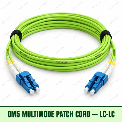 OM5 multimode LC-LC fibre patch cord with lime-green duplex jacket, TMT Global