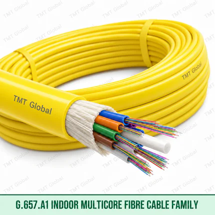 TMT Global G.657.A1 indoor multicore LSZH fibre cable family with yellow jacket, loose tubes and optical fibres for 6F to 96F options.