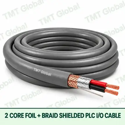 TMT Global 2 core foil + braid shielded PLC I/O cable, with 2 visible copper conductors.