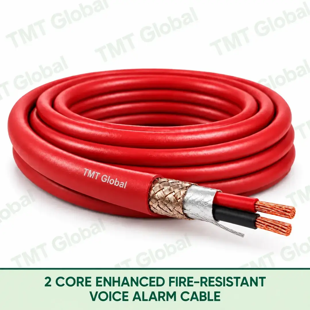 TMT Global 2 Core Enhanced Fire Resistant Voice Alarm Cable product image showing the cable coil and exposed conductor cutaway. TMT Global 2 Core Enhanced Fire Resistant Voice Alarm Cable product image showing the cable coil and exposed conductor cutaway.