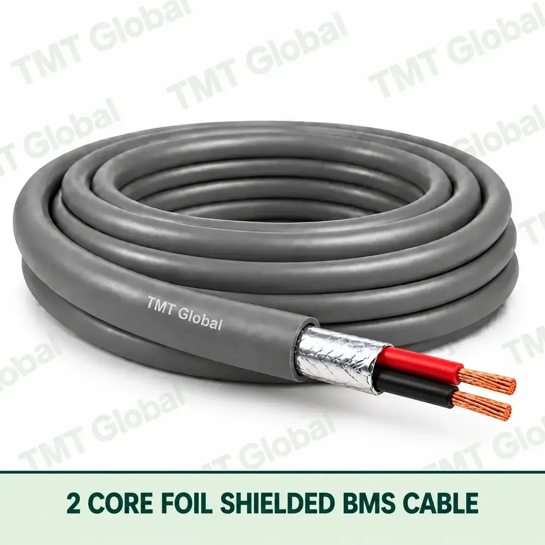 TMT Global 2 Core Foil Shielded BMS Cable product cable with 2 clearly visible conductors; foil shielded. TMT Global 2 Core Foil Shielded BMS Cable product cable with 2 clearly visible conductors; foil shielded.