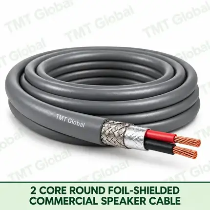 TMT Global 2 Core Round Foil Shielded Commercial Speaker Cable product image showing the cable coil and exposed conductors.