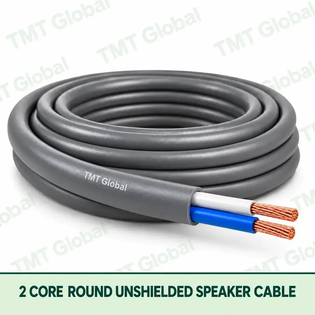TMT Global 2 Core Round Unshielded Speaker Cable product image showing the cable coil and exposed conductors. TMT Global 2 Core Round Unshielded Speaker Cable product image showing the cable coil and exposed conductors.