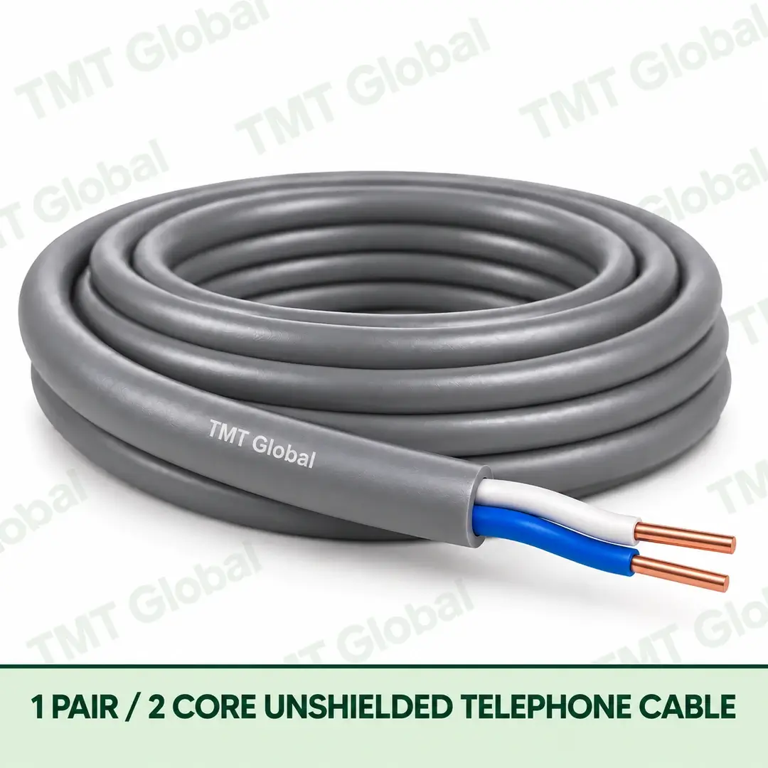 TMT Global 1 Pair 2 Core Unshielded Telephone Cable product image showing the cable coil and exposed conductor cutaway. TMT Global 1 Pair 2 Core Unshielded Telephone Cable product image showing the cable coil and exposed conductor cutaway.