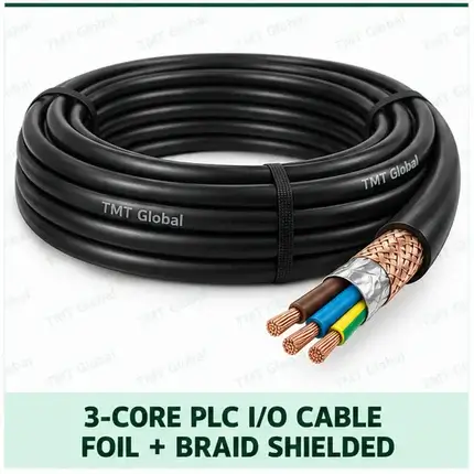 TMT Global 3 core foil + braid shielded PLC I/O cable, with 3 visible copper conductors.