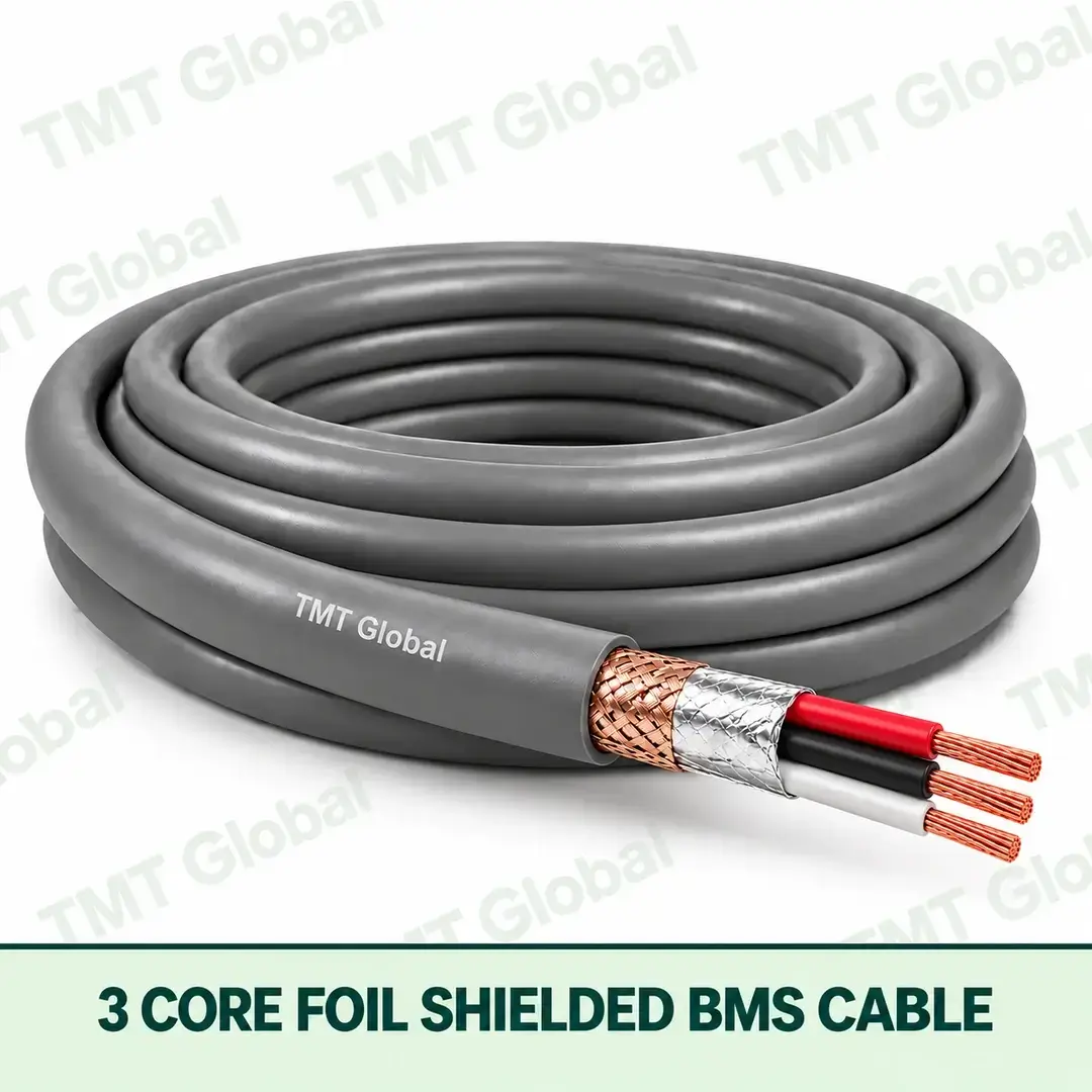 TMT Global 3 Core Foil Shielded BMS Cable product cable with 3 clearly visible conductors; foil shielded. TMT Global 3 Core Foil Shielded BMS Cable product cable with 3 clearly visible conductors; foil shielded.