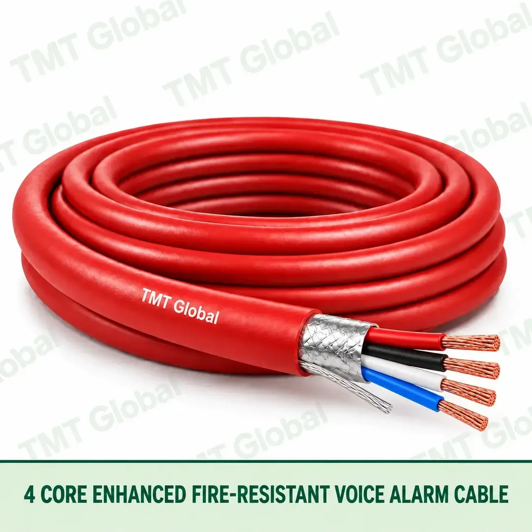 TMT Global 4 Core Enhanced Fire Resistant Voice Alarm Cable product image showing the cable coil and exposed conductor cutaway. TMT Global 4 Core Enhanced Fire Resistant Voice Alarm Cable product image showing the cable coil and exposed conductor cutaway.