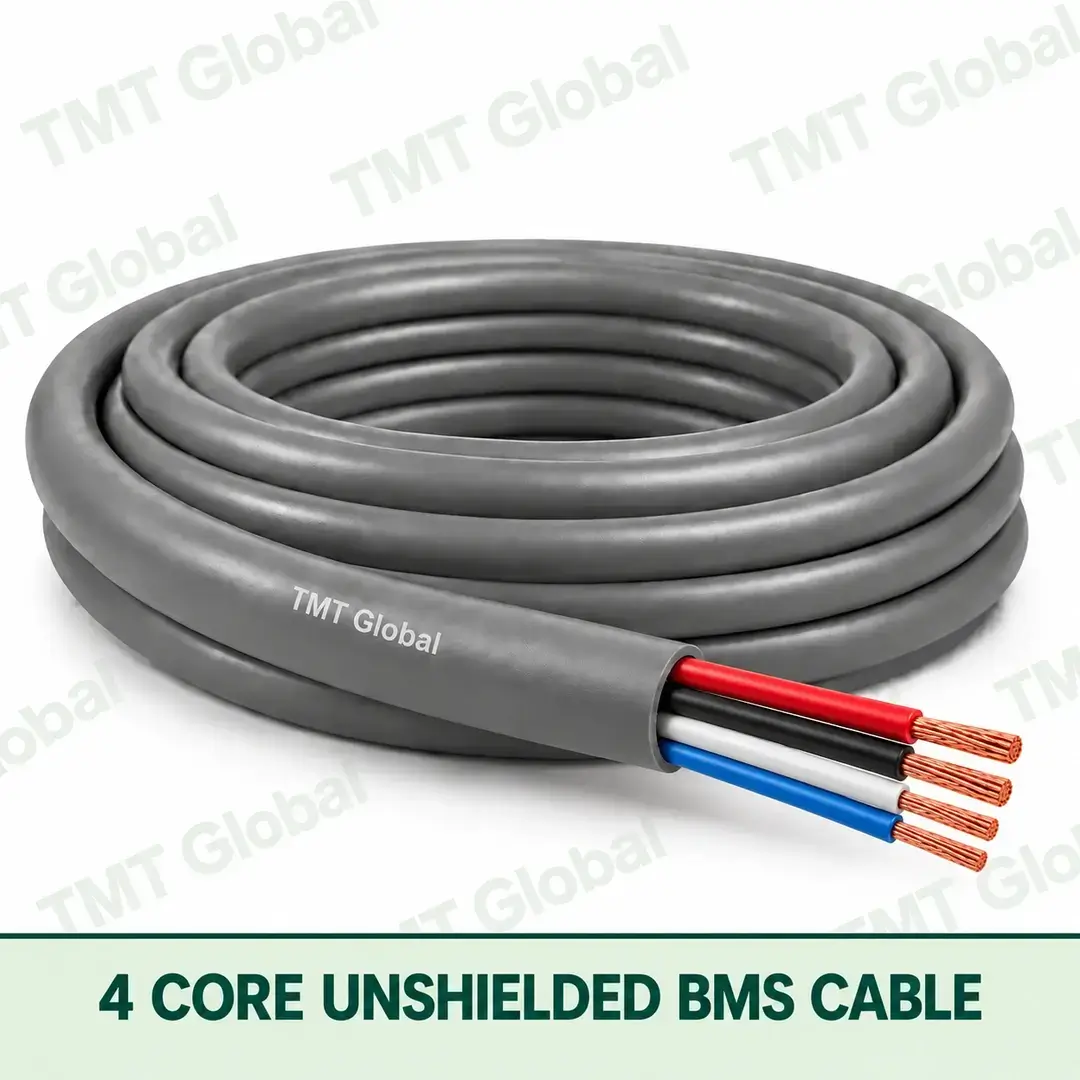 TMT Global 4 Core Unshielded BMS Cable product cable with 4 clearly visible conductors; unshielded. TMT Global 4 Core Unshielded BMS Cable product cable with 4 clearly visible conductors; unshielded.
