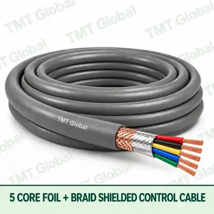 TMT Global 5 core Foil + Braid Shielded Control Cable, with 5 visible copper conductors; foil + braid shielded.