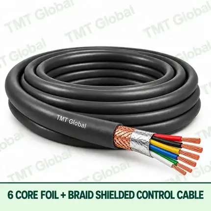 TMT Global 6 core Foil + Braid Shielded Control Cable, with 6 visible copper conductors; foil + braid shielded.