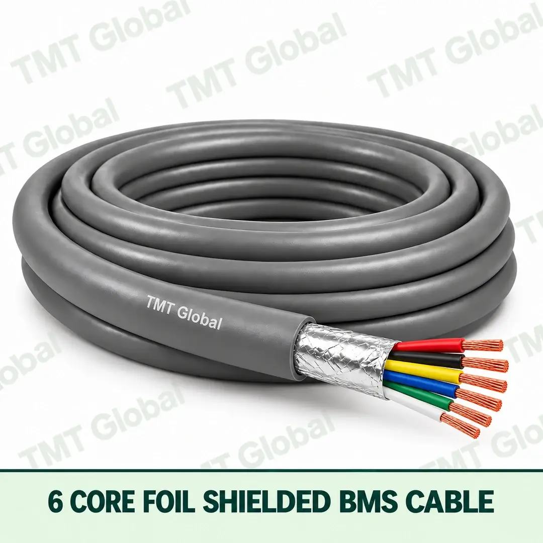 TMT Global 6 Core Foil Shielded BMS Cable product cable with 6 clearly visible conductors; foil shielded. TMT Global 6 Core Foil Shielded BMS Cable product cable with 6 clearly visible conductors; foil shielded.