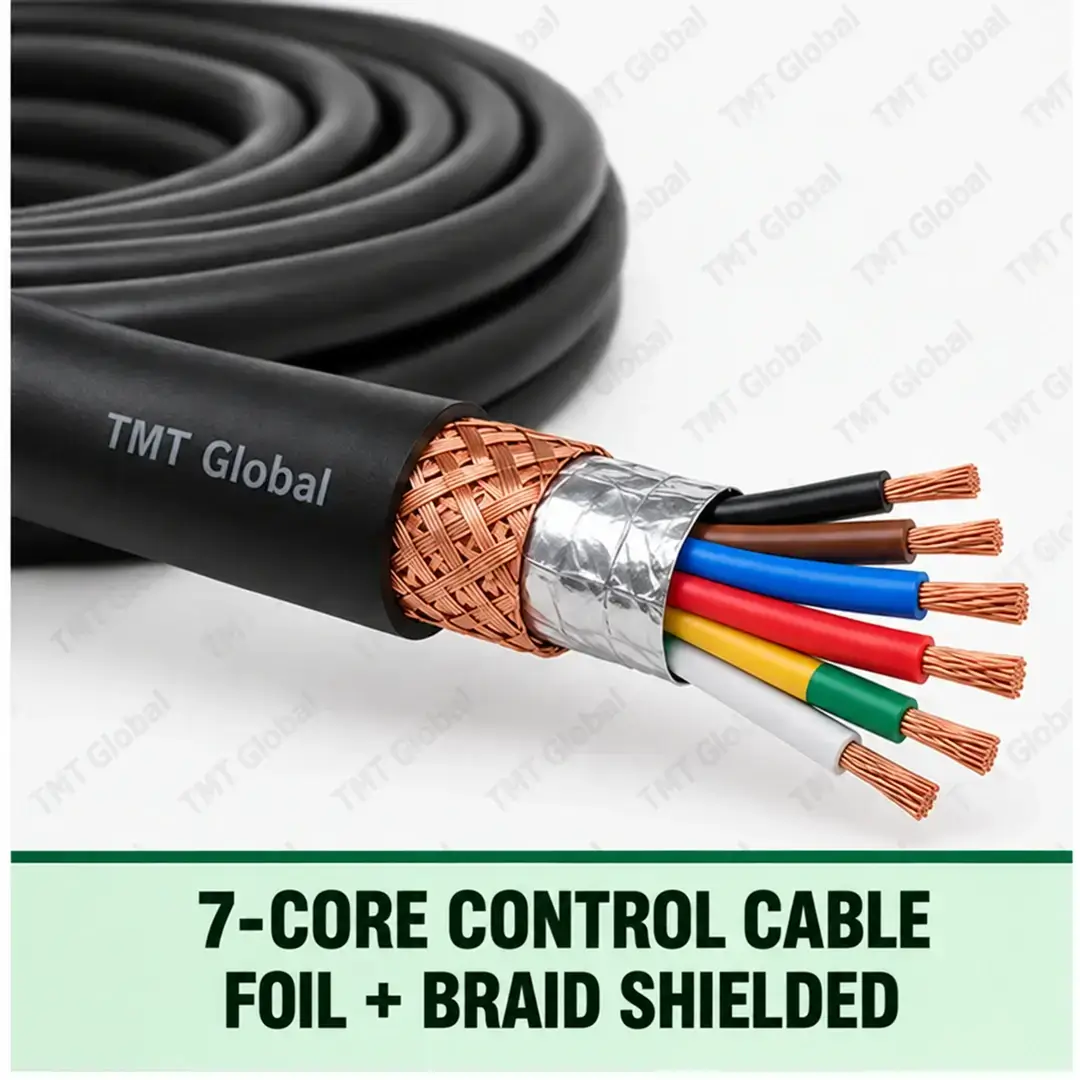 TMT Global 7 core Foil + Braid Shielded Control Cable, with 7 visible copper conductors; foil + braid shielded. TMT Global 7 core Foil + Braid Shielded Control Cable, with 7 visible copper conductors; foil + braid shielded.