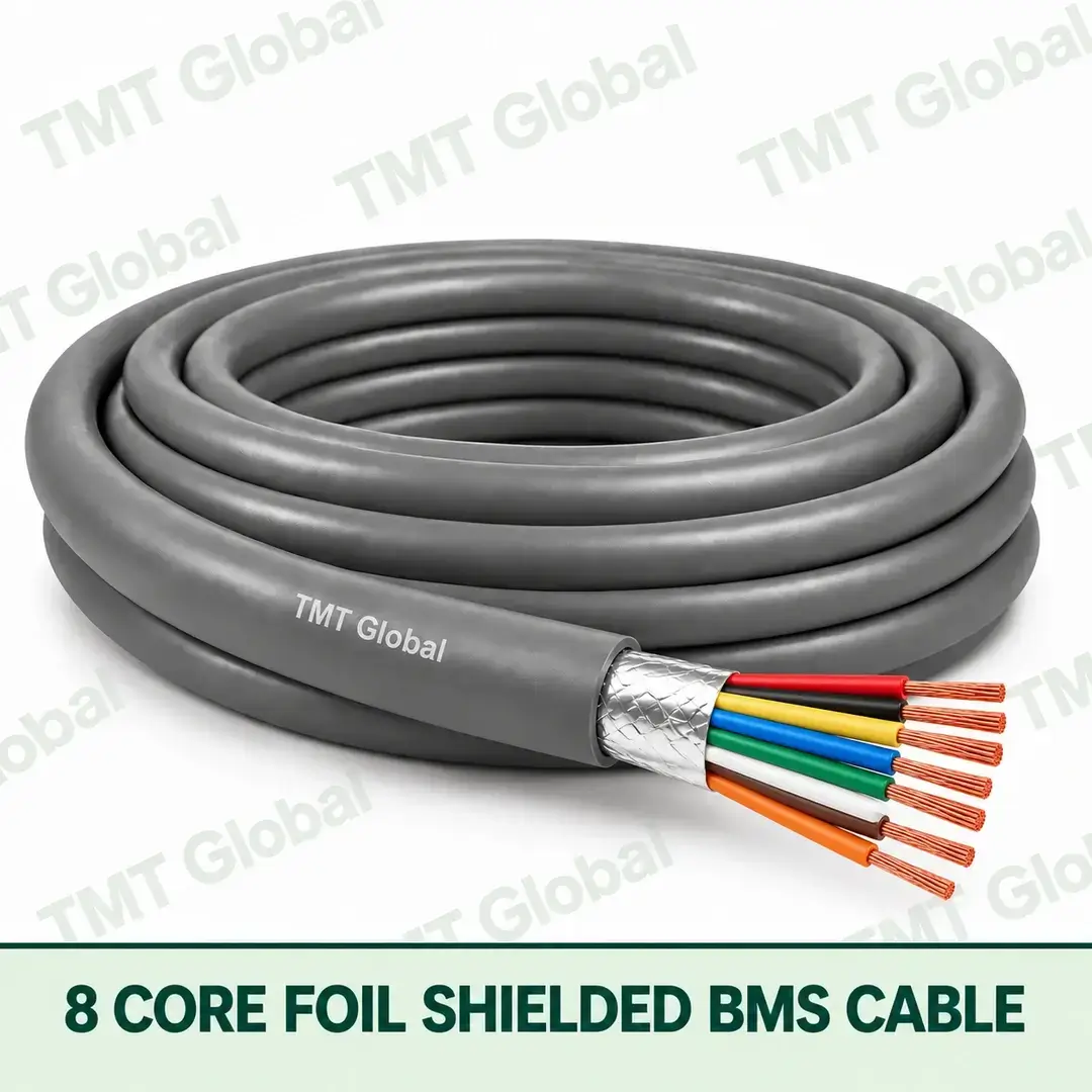TMT Global 8 Core Foil Shielded BMS Cable product cable with 8 clearly visible conductors; foil shielded. TMT Global 8 Core Foil Shielded BMS Cable product cable with 8 clearly visible conductors; foil shielded.