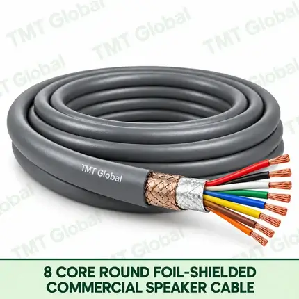 TMT Global 8 Core Round Foil Shielded Commercial Speaker Cable product image showing the cable coil and exposed conductors.