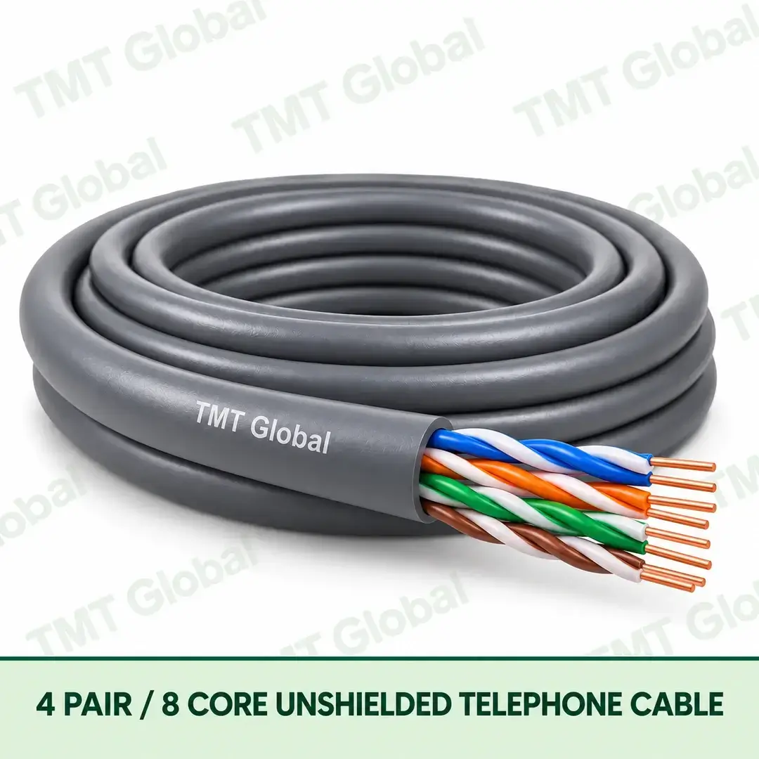 TMT Global 4 Pair 8 Core Unshielded Telephone Cable product image showing the cable coil and exposed conductor cutaway. TMT Global 4 Pair 8 Core Unshielded Telephone Cable product image showing the cable coil and exposed conductor cutaway.