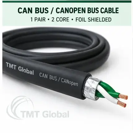 TMT Global 1 pair, 2 core, foil shielded CAN Bus / CANopen Bus Cable, with the protocol, pair count, core count, and shielding visible.