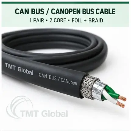 TMT Global 1 pair, 2 core, foil and braid shielded CAN Bus / CANopen Bus Cable, with the protocol, pair count, core count, and shielding visible.