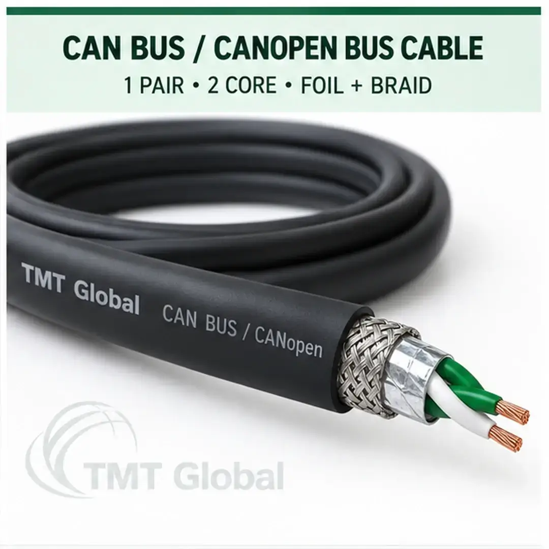 TMT Global 1 pair, 2 core, foil and braid shielded CAN Bus / CANopen Bus Cable, with the protocol, pair count, core count, and shielding visible. TMT Global 1 pair, 2 core, foil and braid shielded CAN Bus / CANopen Bus Cable, with the protocol, pair count, core count, and shielding visible.