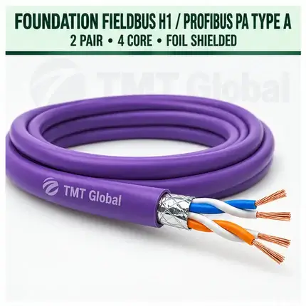 TMT Global 2 pair, 4 core, foil shielded FOUNDATION Fieldbus H1 / PROFIBUS PA Type A Bus Cable, with the protocol, pair count, core count, and shielding visible.