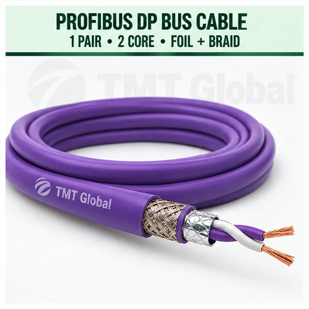 TMT Global 1 pair, 2 core, foil and braid shielded PROFIBUS DP Bus Cable, with the protocol, pair count, core count, and shielding visible. TMT Global 1 pair, 2 core, foil and braid shielded PROFIBUS DP Bus Cable, with the protocol, pair count, core count, and shielding visible.
