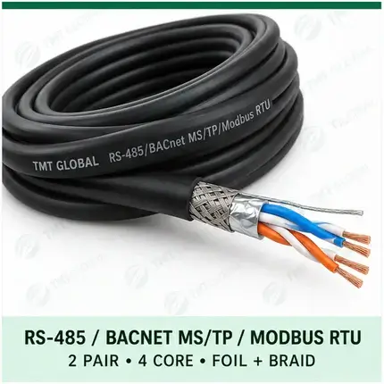 TMT Global 2 pair, 4 core, foil and braid shielded RS-485 / BACnet MS/TP / Modbus RTU Bus Cable, with the protocol, pair count, core count, and shielding visible.