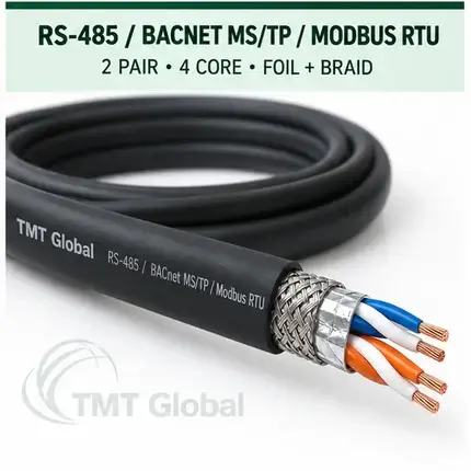 TMT Global 2 pair, 4 core, foil and braid shielded RS-485 / BACnet MS/TP / Modbus RTU Bus Cable, with the protocol, pair count, core count, and shielding visible.