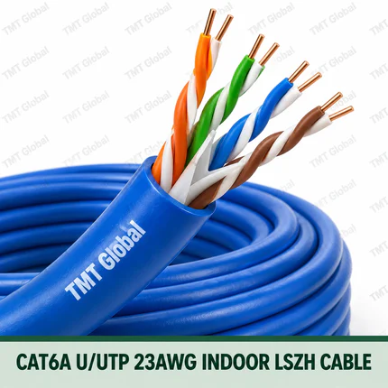 TMT Global CAT6A U/UTP 23AWG indoor LSZH cable with four visible twisted pairs and eight copper conductor ends.