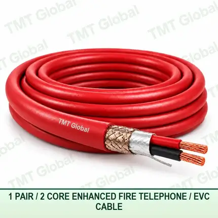 TMT Global 1 pair 2 core enhanced fire telephone and EVC cable with a red fire-resistant sheath, foil and braid screen, and two copper conductors.
