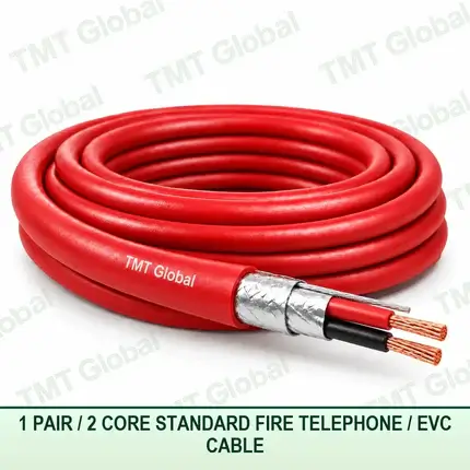 TMT Global 1 pair 2 core standard fire telephone and EVC cable with a red fire-resistant sheath, foil and braid screen, and two copper conductors.