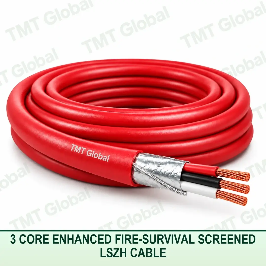 TMT Global 3 core enhanced fire-survival screened LSZH cable with red fire-resistant jacket, foil and braid screen, and three copper conductors. TMT Global 3 core enhanced fire-survival screened LSZH cable with red fire-resistant jacket, foil and braid screen, and three copper conductors.