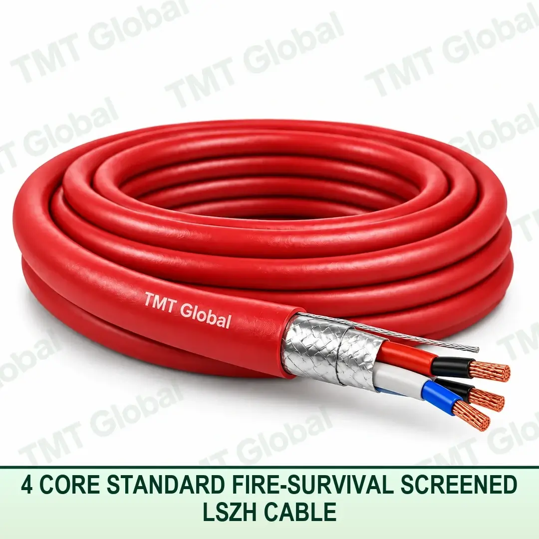 TMT Global 4 core standard fire-survival screened LSZH cable with red fire-resistant jacket, foil and braid screen, and four copper conductors. TMT Global 4 core standard fire-survival screened LSZH cable with red fire-resistant jacket, foil and braid screen, and four copper conductors.