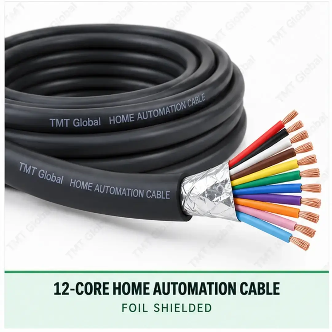TMT Global 12 core foil shielded home automation cable, with 12 colored copper conductors. TMT Global 12 core foil shielded home automation cable, with 12 colored copper conductors.