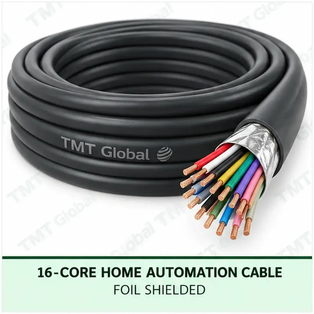 TMT Global 16 core foil shielded home automation cable, with 16 colored copper conductors. TMT Global 16 core foil shielded home automation cable, with 16 colored copper conductors.